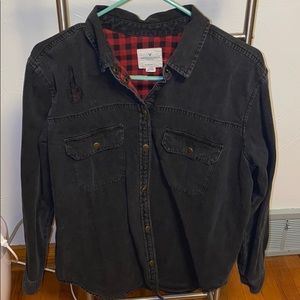 Black denim and red plaid button up